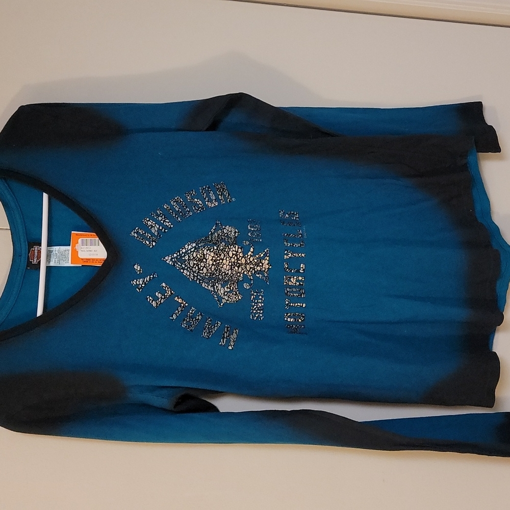 Harley-Davidson women's patima sheen long sleeve Dye-V-nick shirt teal &black/sl